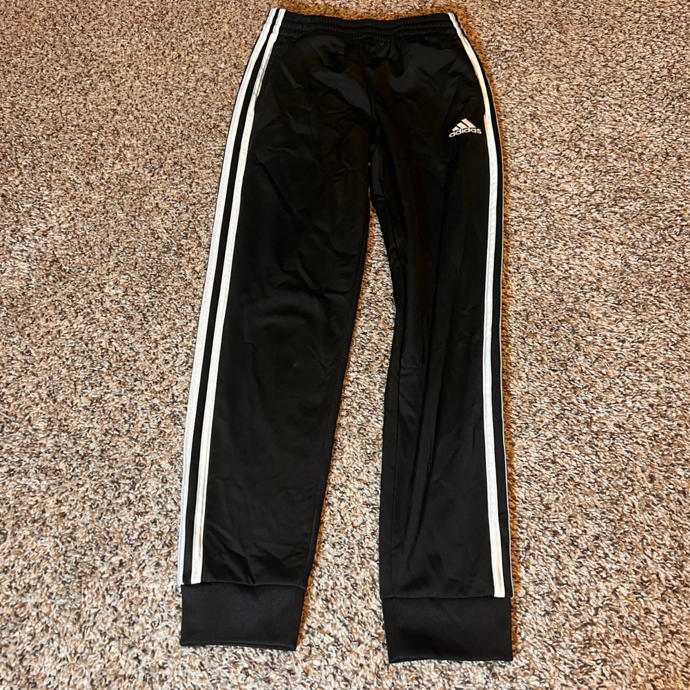 Kids Adidas Black Track Pants White Stripes Joggers Size M 10 12 - Picture 1 of 5